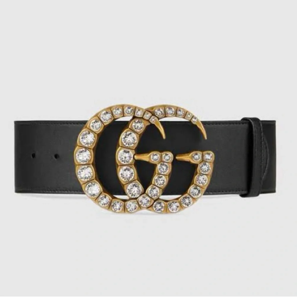 Gucci Black Leather Rhinestone Crystal GG Marmont Buckle Belt 110 XL W/ Box - Picture 2 of 14